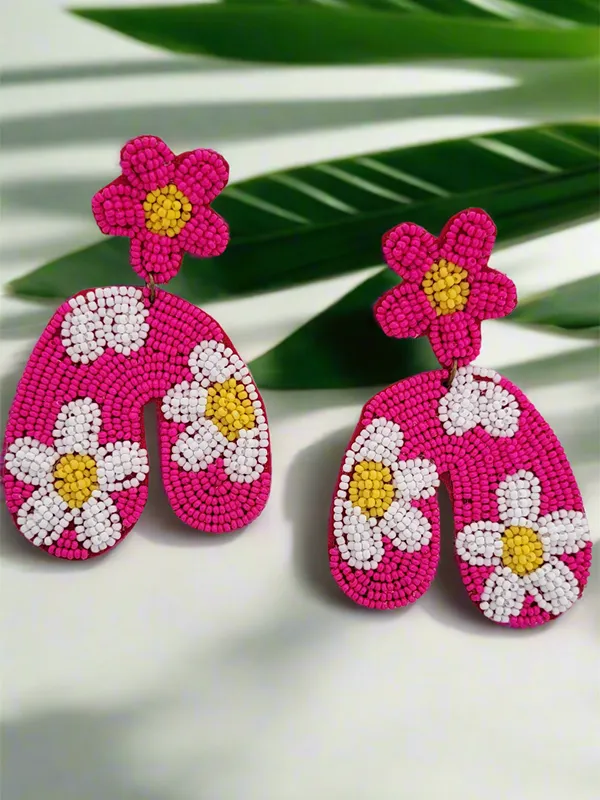 Neon_Pink_Floral_Beaded_Dangle_Earrings