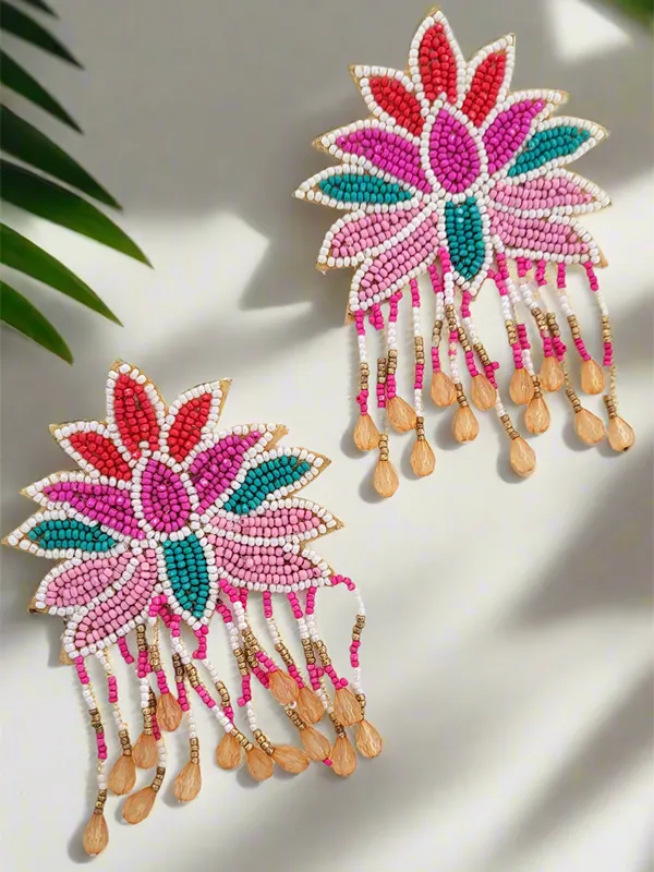 Lotus_Flower_Beaded_Dangle_Earrings_With_Pink_Drop_Beads