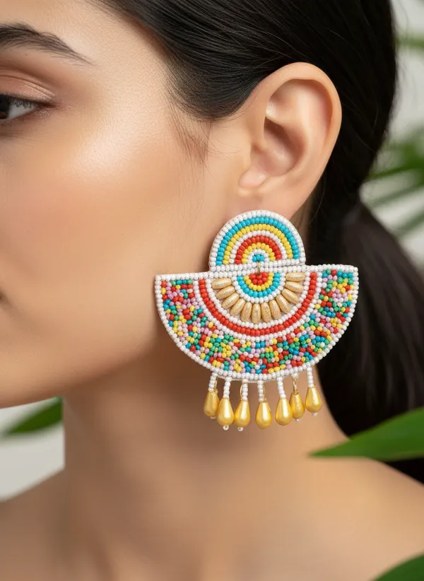 Colorful_Handmade_Beaded_Fan_Earrings_With_Yellow_Drop_Beads