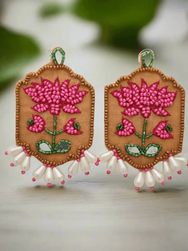 Lotus_Motif_Embroidery_Earrings_With_Pearl_Drops