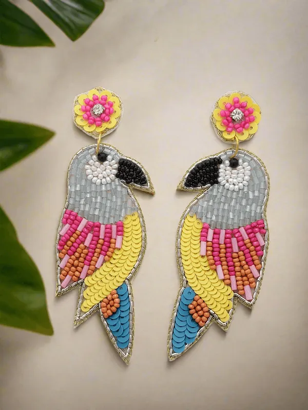 Parrot_Beaded_And_Sequined_Dangle_Earrings_With_Floral_Topper