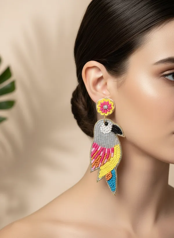 Parrot_Beaded_And_Sequined_Dangle_Earrings_With_Floral_Topper
