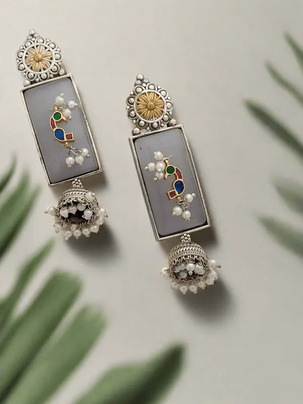 Oxidized_Silver_Earrings_With_Clear_Stone_Bird_Motifs_Pearl.