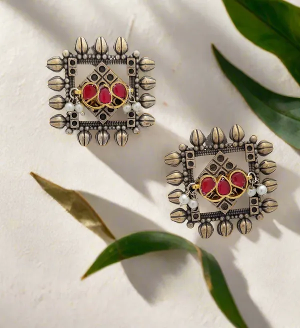 Oxidized_Studs_With_Red_Stones_And_Pearl