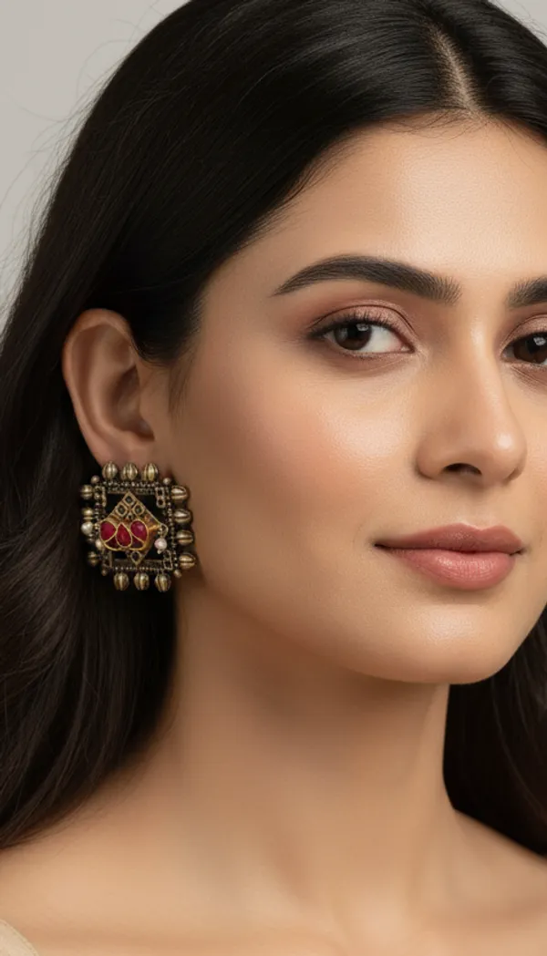 Oxidized_Studs_With_Red_Stones_And_Pearl