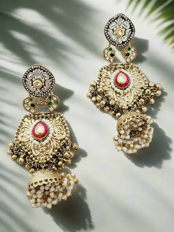 Antique_Gold_Plated_Jhumka_Earrings_With_Enamel_And_Pearl_Drops
