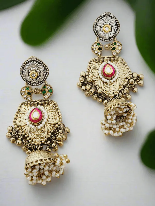 Antique_Gold_Plated_Jhumka_Earrings_With_Enamel_And_Pearl_Drops