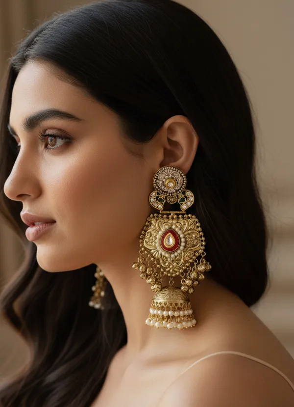Antique_Gold_Plated_Jhumka_Earrings_With_Enamel_And_Pearl_Drops