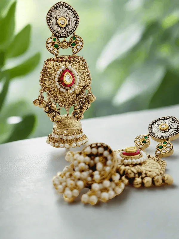 Antique_Gold_Plated_Jhumka_Earrings_With_Enamel_And_Pearl_Drops