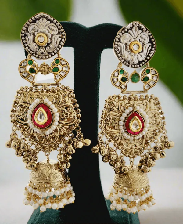 Antique_Gold_Plated_Jhumka_Earrings_With_Enamel_And_Pearl_Drops