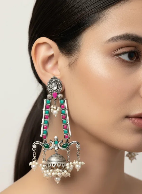 Oxidized_Silver_Jhumka_Earrings_With_Enamel_And_Pearl_Drops
