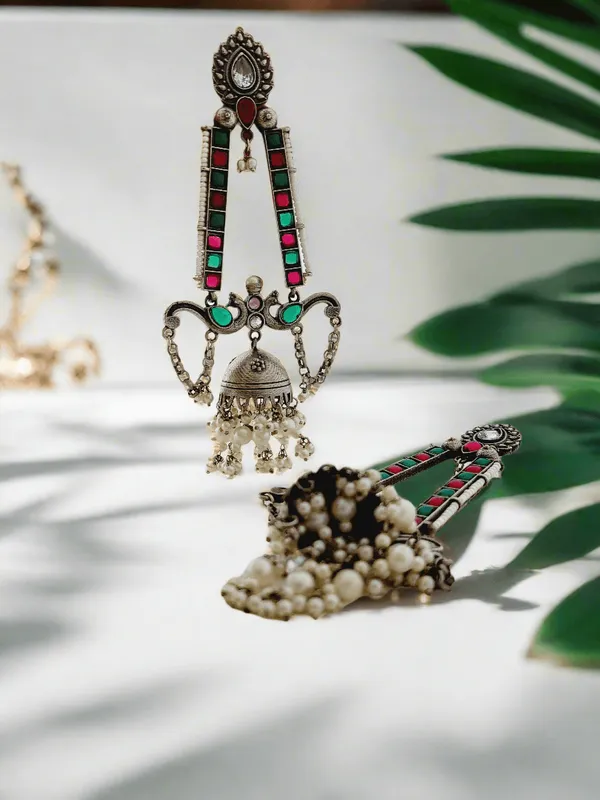 Oxidized_Silver_Jhumka_Earrings_With_Enamel_And_Pearl_Drops