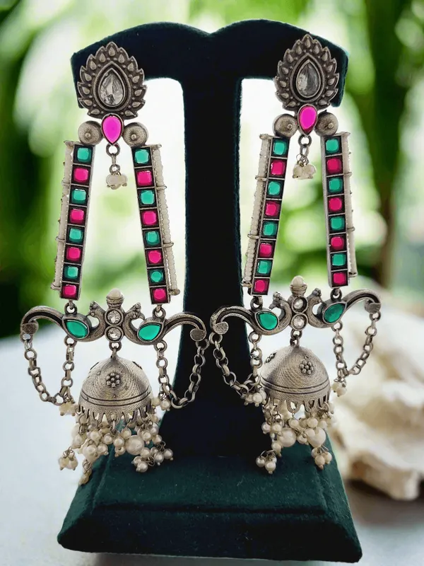 Oxidized_Silver_Jhumka_Earrings_With_Enamel_And_Pearl_Drops