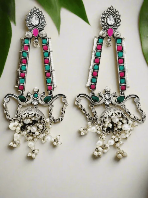 Oxidized_Silver_Jhumka_Earrings_With_Enamel_And_Pearl_Drops