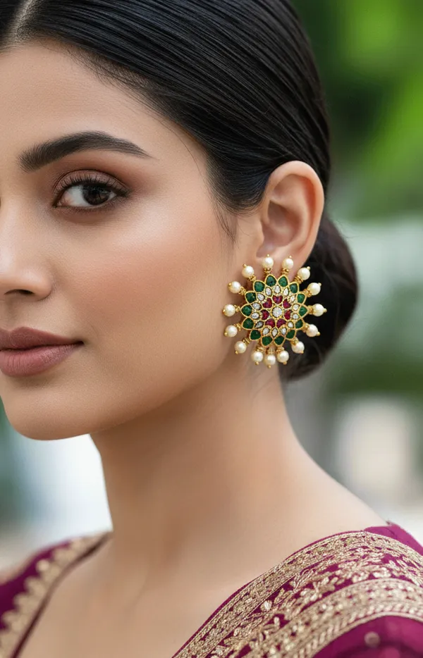 Polki_Style_Floral_Pearl_Stud_Earrings