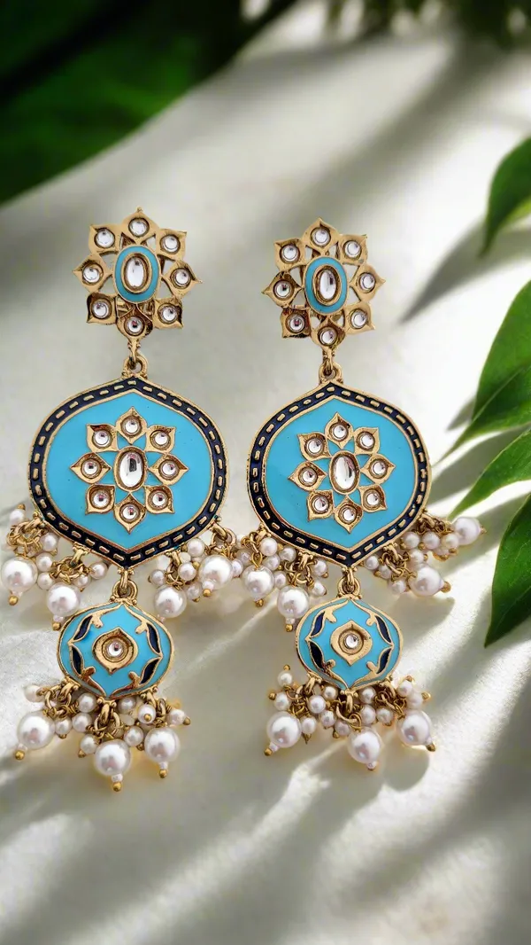Turquoise_Enamel_Kundan_Pearl_Chandbali_Earrings