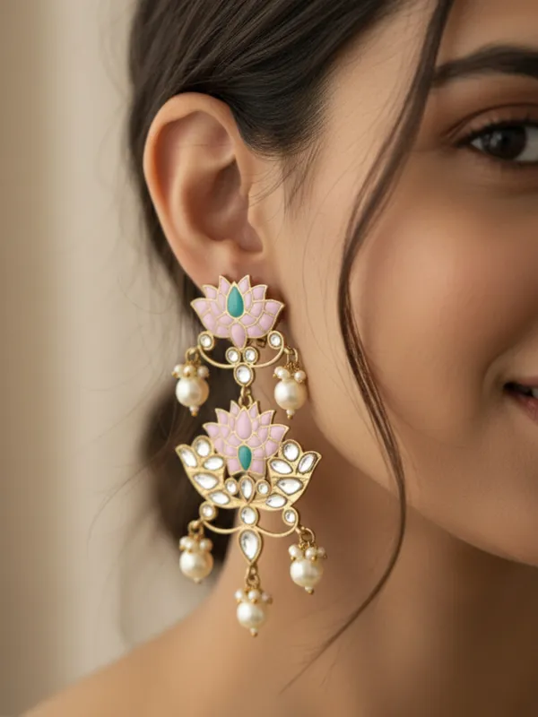 Pink_Lotus_Kundan_Pearl_Drop_Earrings