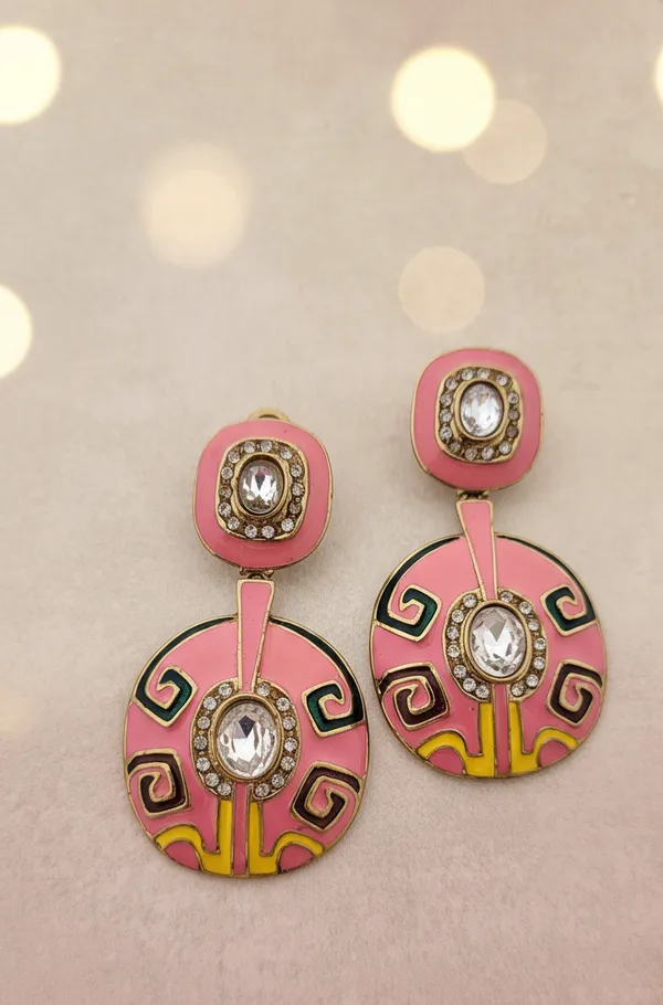 Bold_Pink_Enamel_Crystal_Art_Deco_Drop_Earrings