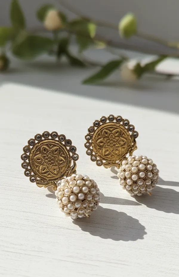 Ornate_Gold_Medallion_Pearl_Jhoomar_Drop_Earrings