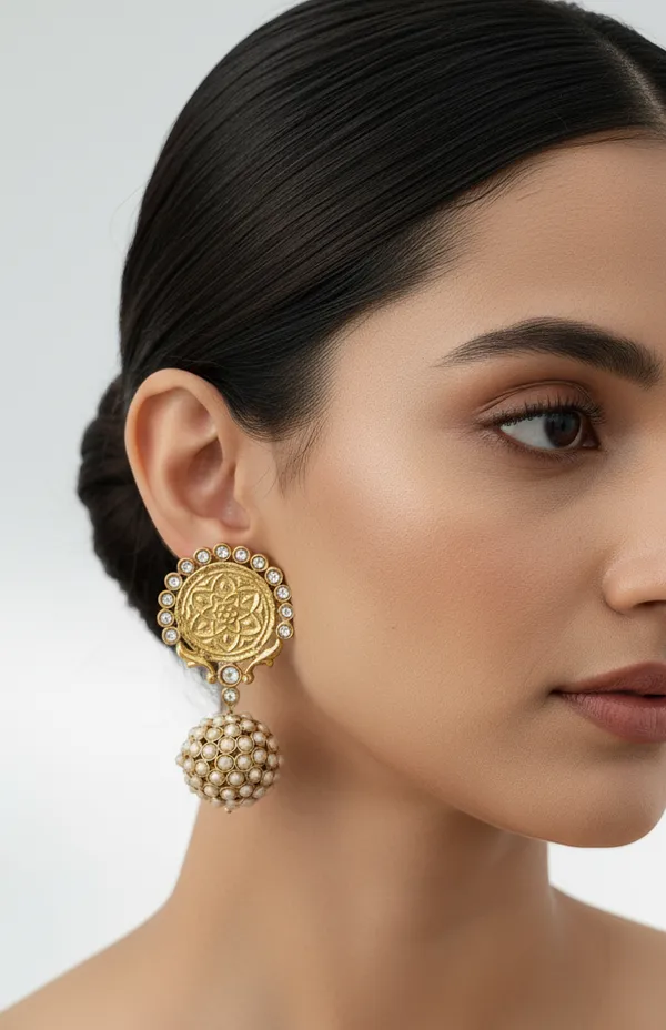 Ornate_Gold_Medallion_Pearl_Jhoomar_Drop_Earrings