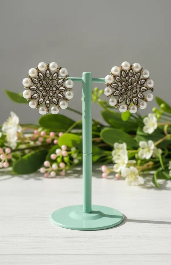 Floral_Polki_Stone_Pearl_Stud_Earrings