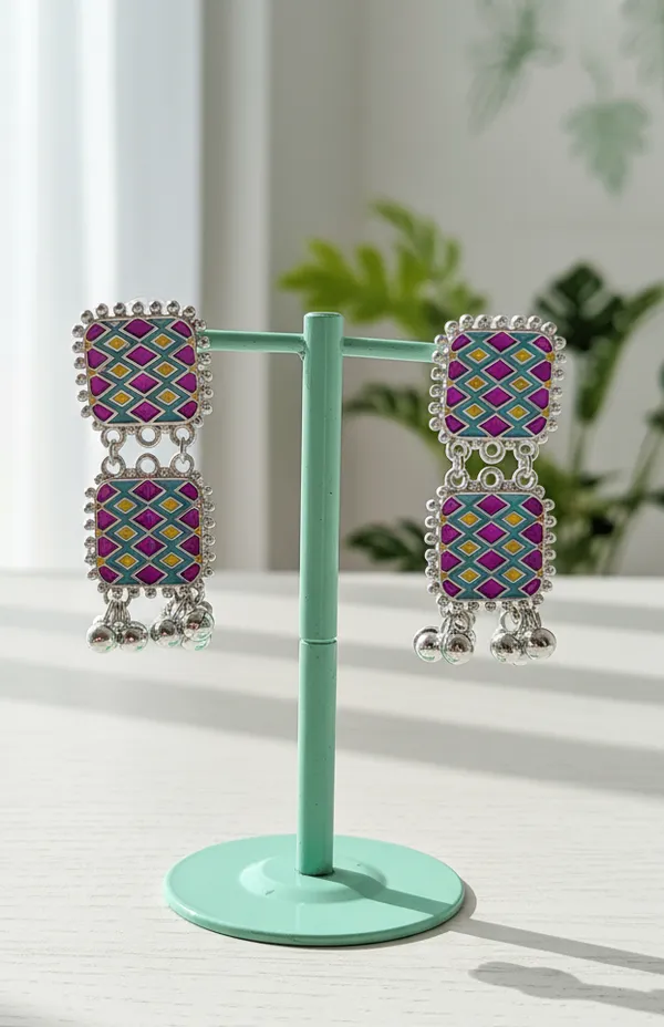 Oxidized_Silver_Pink_Teal_Meenakari_Jhumki_Drops