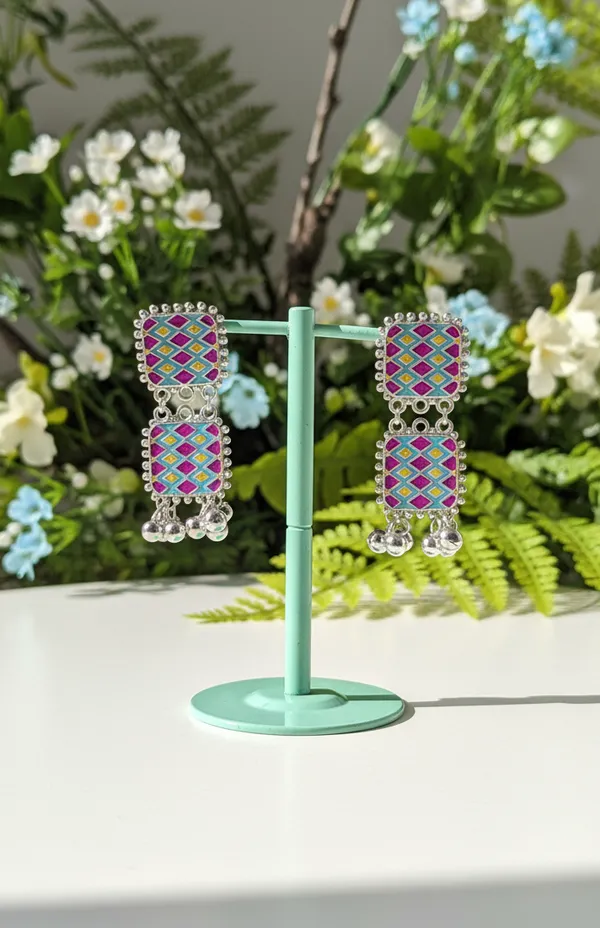 Oxidized_Silver_Pink_Teal_Meenakari_Jhumki_Drops