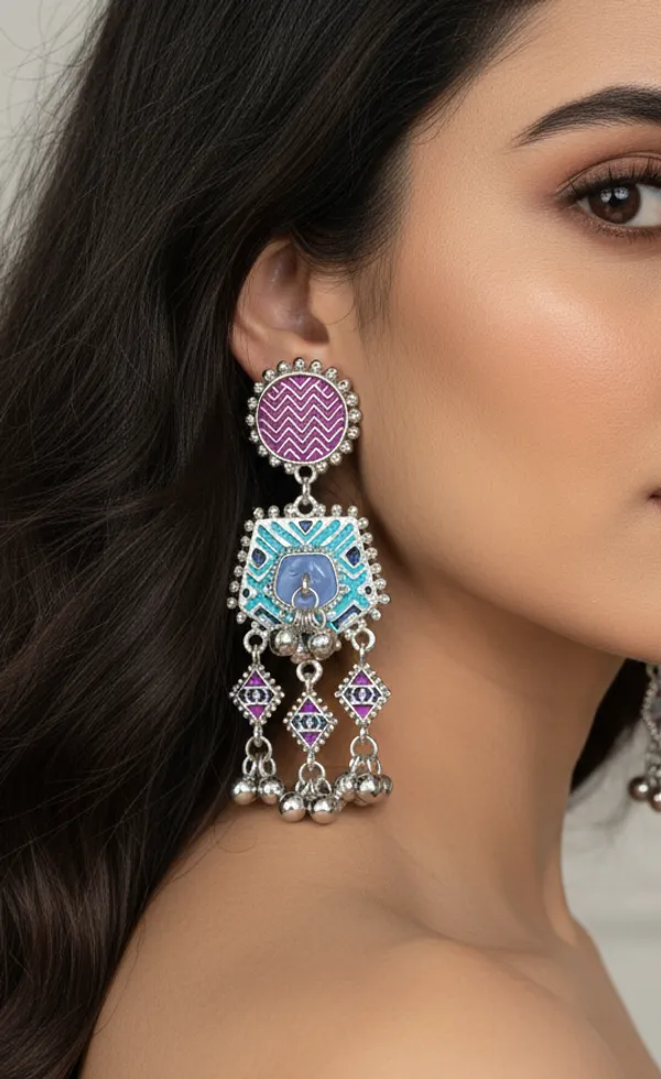 Artisan_Chevron_Peacock_Enamel_Chandelier_Earrings