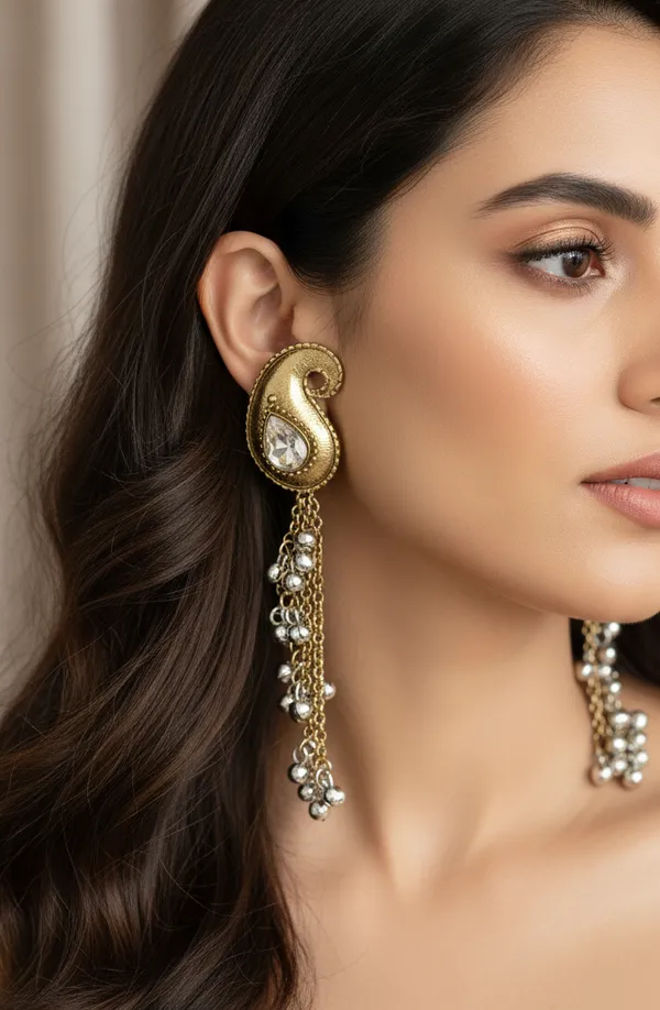 Antique_Gold_Paisley_Mixed_Metal_Ghungroo_Chain_Earrings