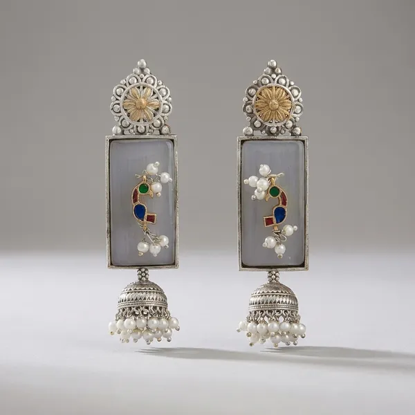 Oxidized_Silver_Earrings_With_Clear_Stone_Bird_Motifs_Pearl.