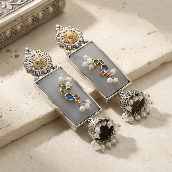 Oxidized_Silver_Earrings_With_Clear_Stone_Bird_Motifs_Pearl.