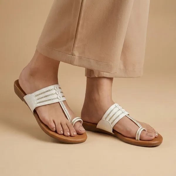 White_&_Silver_Braided_Strap_Flat_Sandals_for_Women