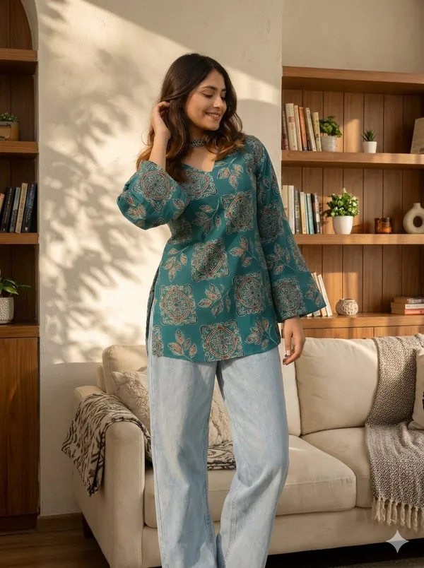 Turquoise_Printed_Kurti_Top_With_Mandala_And_Leaf_Motifs