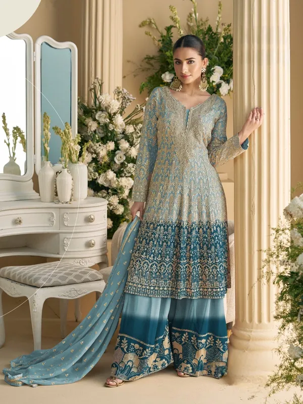 Blue_And_Gold_Embroidered_Pakistani_Sharara_Suit_Set_With_Dupatta