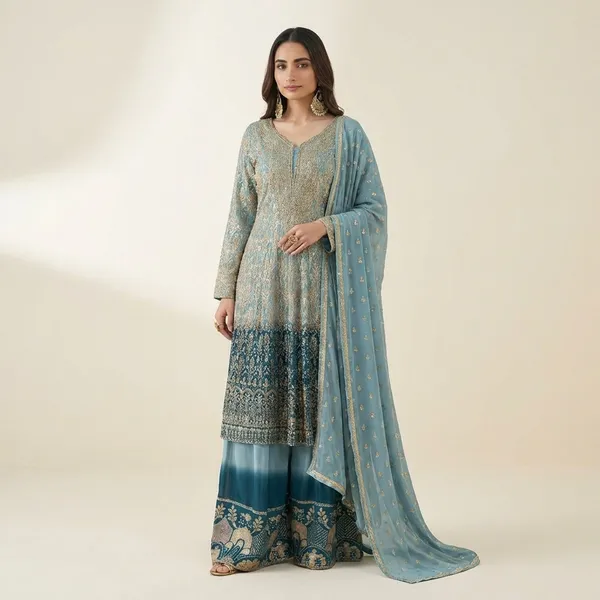Blue_And_Gold_Embroidered_Pakistani_Sharara_Suit_Set_With_Dupatta