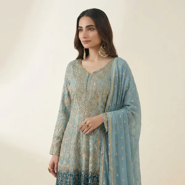 Blue_And_Gold_Embroidered_Pakistani_Sharara_Suit_Set_With_Dupatta