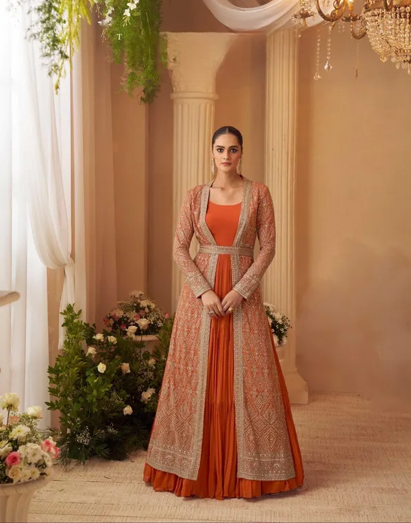 Peach_And_Orange_Embroidered_Anarkali_Suit_With_Jacket