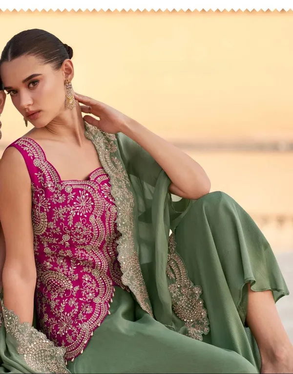 Pink_Elegant_Embroidered_Olive_Green_Sharara_Set_With_Fuchsia_Jacket
