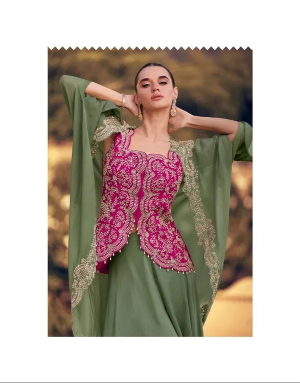 Pink_Elegant_Embroidered_Olive_Green_Sharara_Set_With_Fuchsia_Jacket