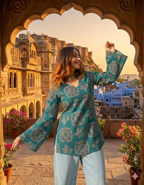 Turquoise_Printed_Kurti_Top_With_Mandala_And_Leaf_Motifs