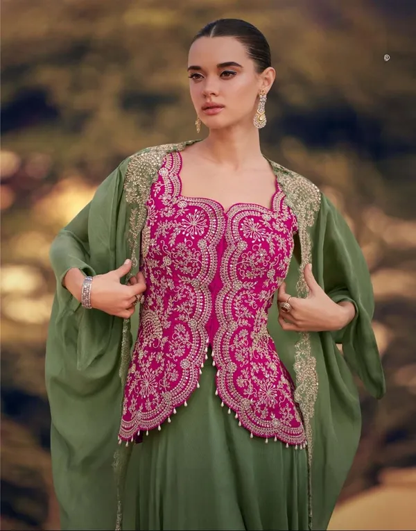 Pink_Elegant_Embroidered_Olive_Green_Sharara_Set_With_Fuchsia_Jacket