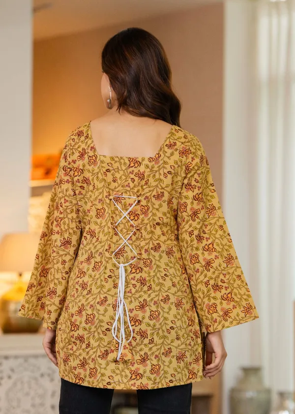 Womens_Mustard_Yellow_Floral_Print_Tunic_Top_With_Lace_Up_Back_Detail