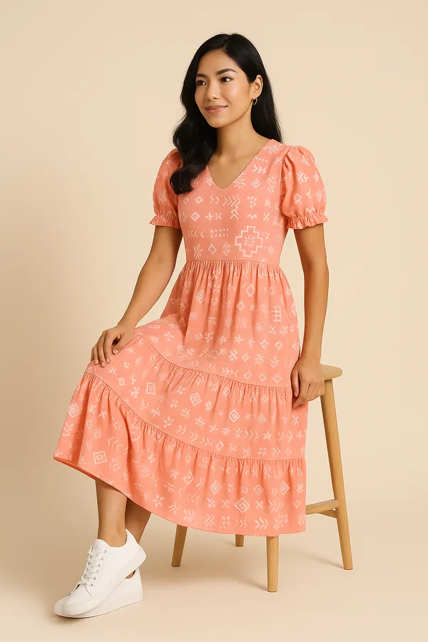 Coral_Pink_Printed_Tiered_Midi_Dress_With_Puff_Sleeves