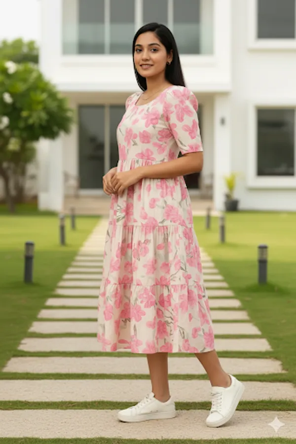 Pink_Floral_Print_Tiered_Midi_Dress_For_Women