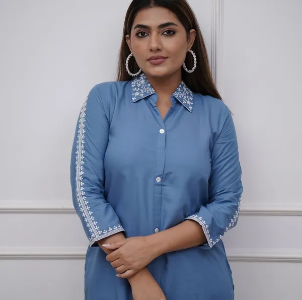 Blue_Embroidered_Collar_Shirt_And_Pant_Co_Ord_Set_For_Women