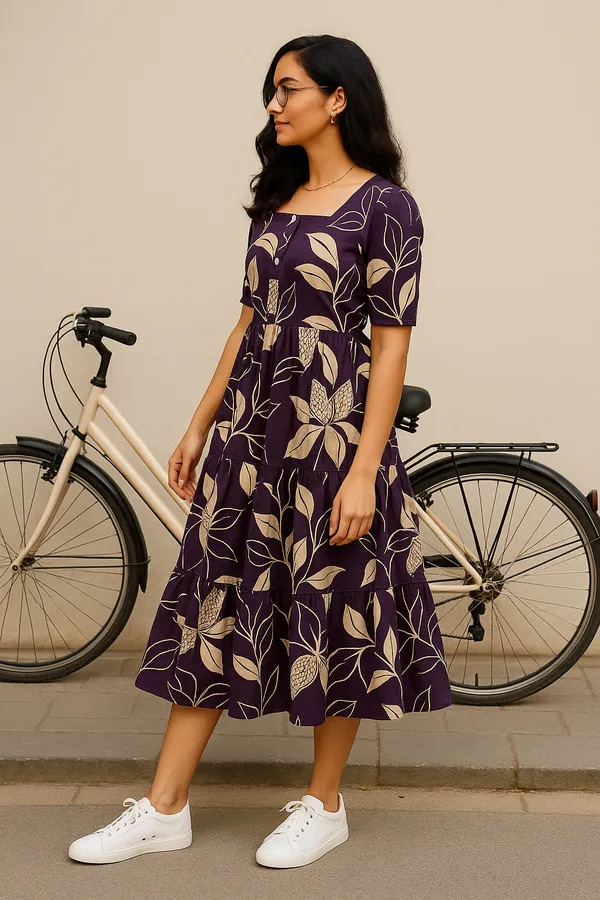 Purple_Floral_Print_A_Line_Midi_Dress_With_Short_Sleeves_And_Button_Front_Detail