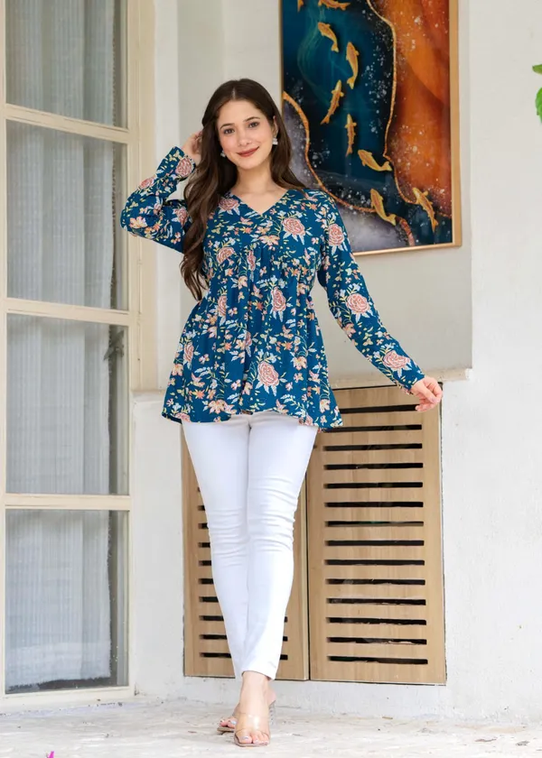 Blue_Floral_Print_A_Line_Top_For_Women