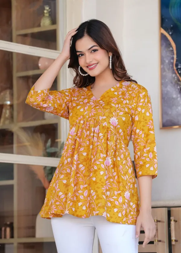 Mustard_Yellow_Floral_Printed_Gathered_Top_For_Women