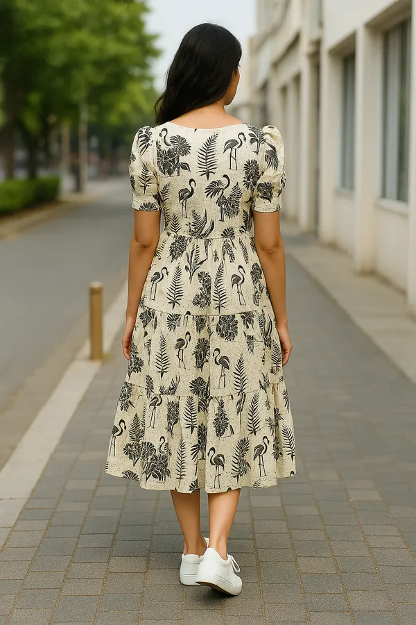 Womens_Beige_And_Black_Printed_Midi_Dress_With_Puff_Sleeves