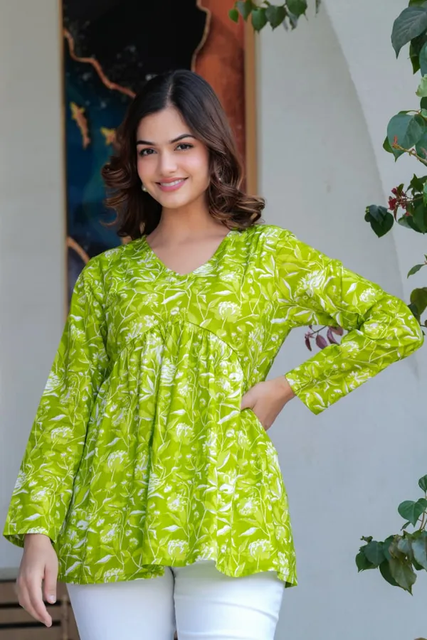 Womens_Lime_Green_Floral_Print_Flared_Tunic_Top